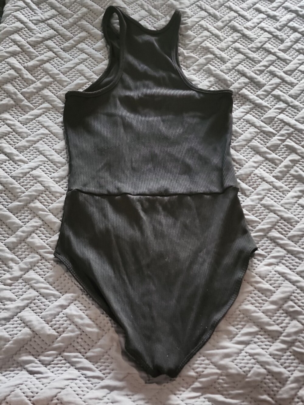 Express Black Ribbed Zip-Front Racerback Bodysuit - Picture 6 of 7